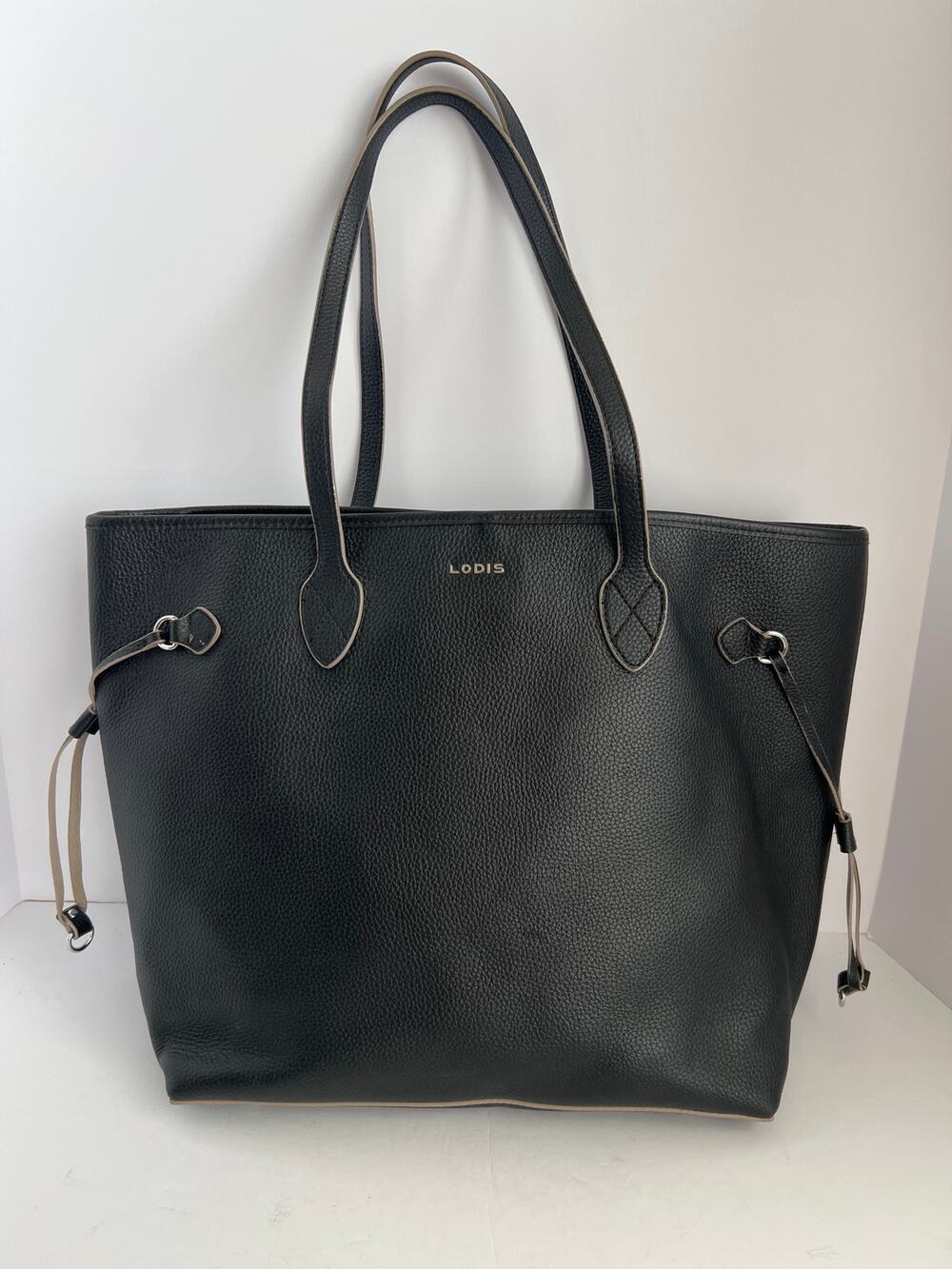 Lodis Black Pebbled Leather Large Tote Bag Adjustable Sides Travel Work OS